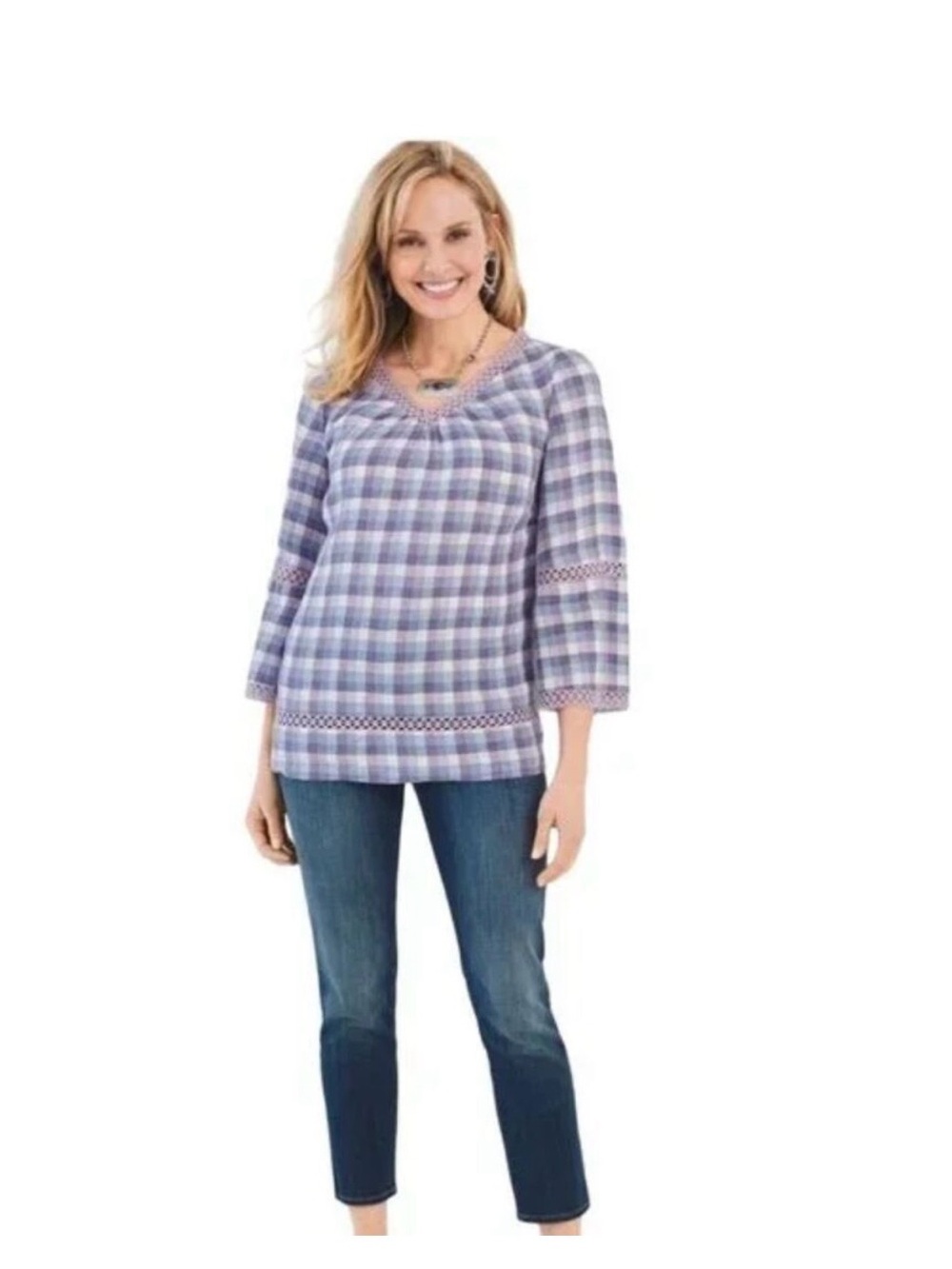 Chico's Lavender Linen Plaid Tunic with Lace Insets